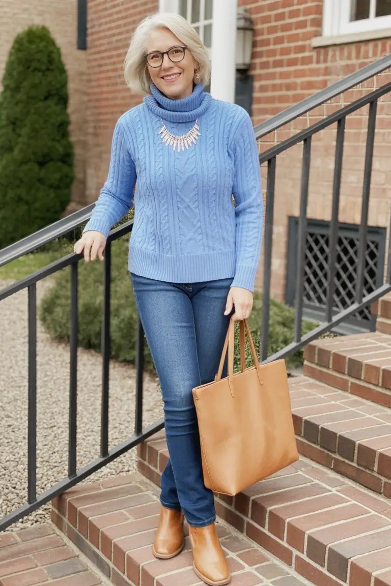 light blue cable knit and tan boots fall outfit for women over 60