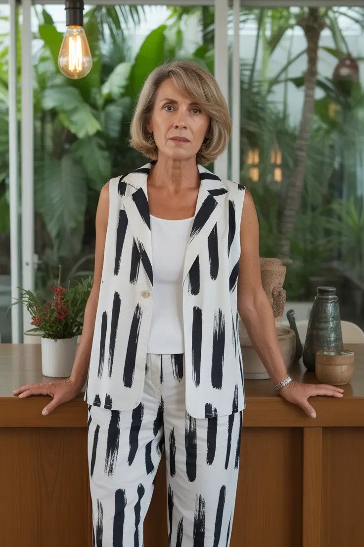 Older woman in black and white striped sleeveless vest outfit