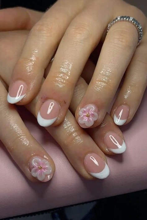 White French with Pink Daisies - elegant nail art idea for mature hands, women over 50