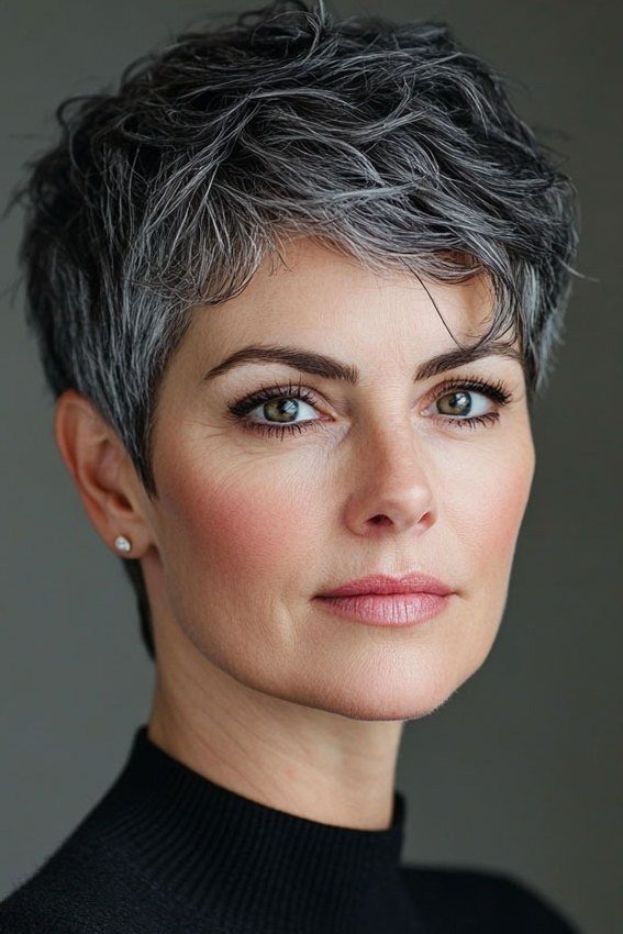 soft salt and pepper pixie for women over 50, front view