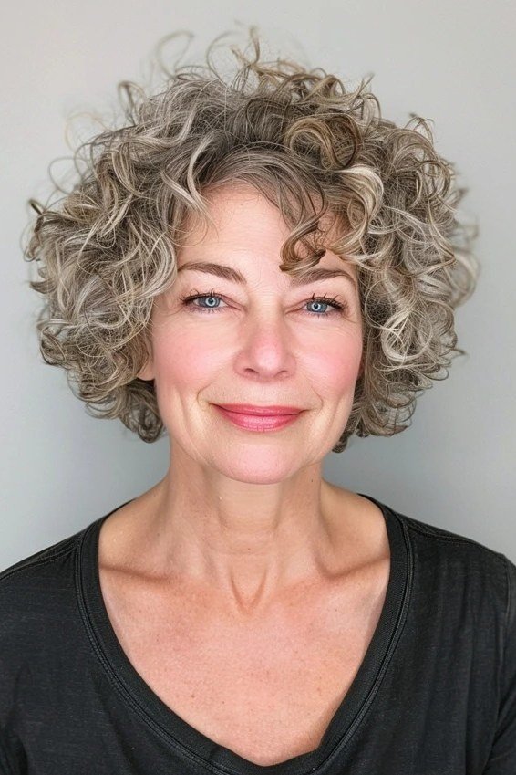 Grey curly bixie haircut front view for women over 60