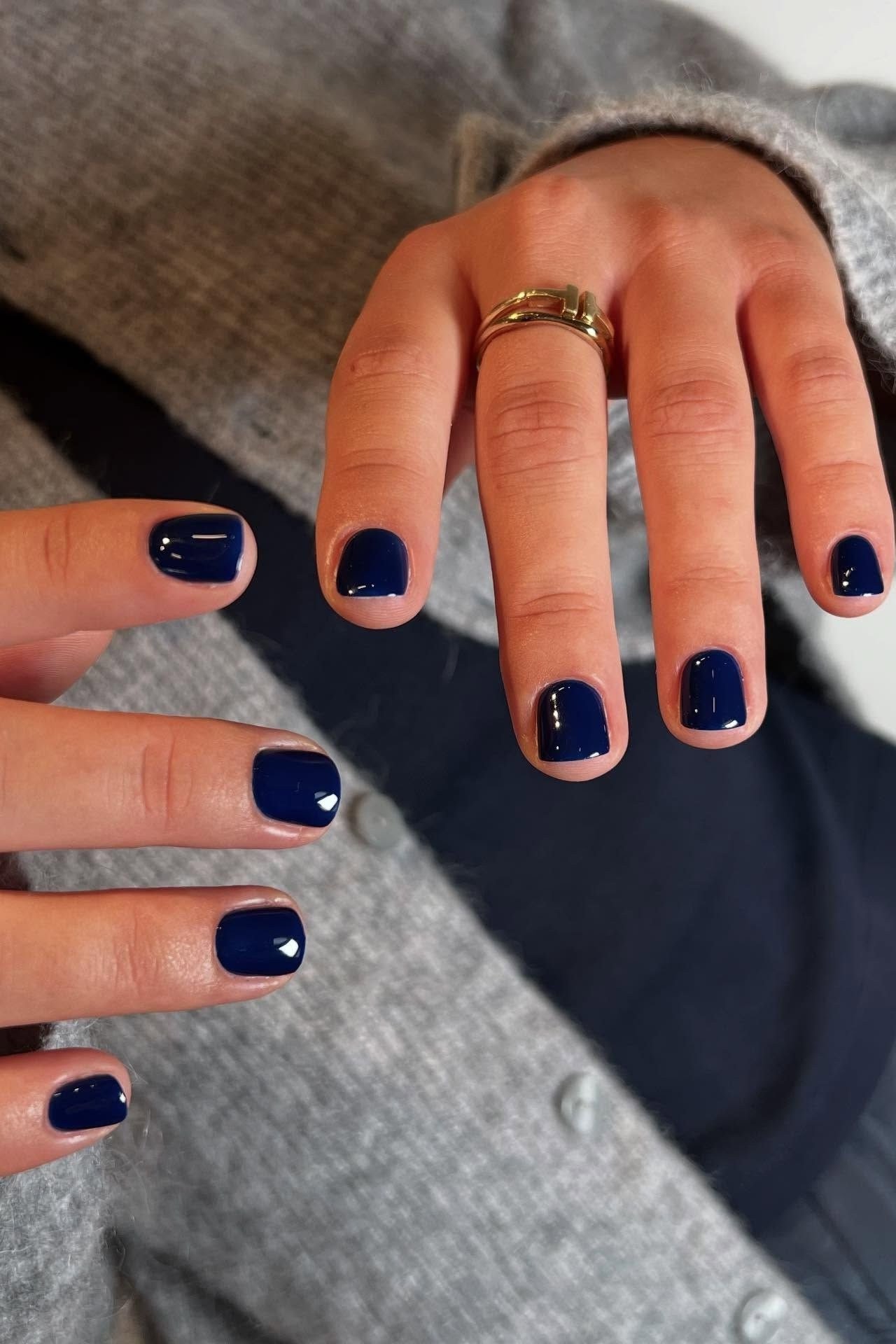 Navy Short Oval Nails in Grey Knit - winter nail trend for older women over 70