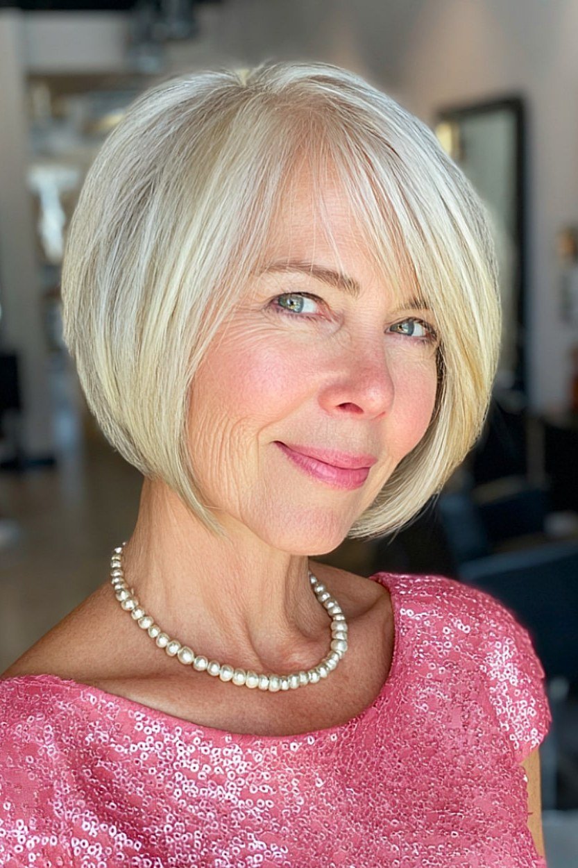 Platinum Angled Lob - layered lob hairstyle for women over 60