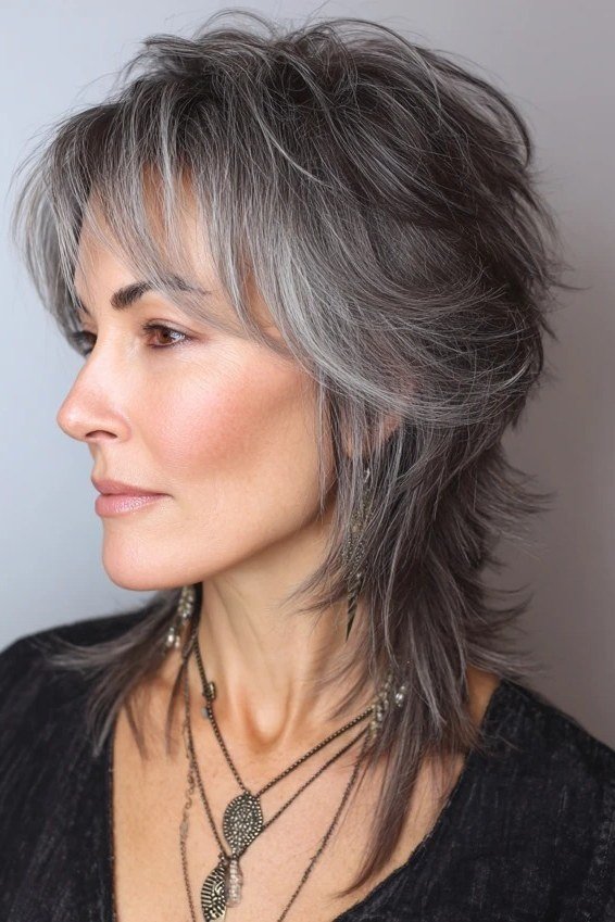 Textured Grey Shag - medium shag haircut for women over 40