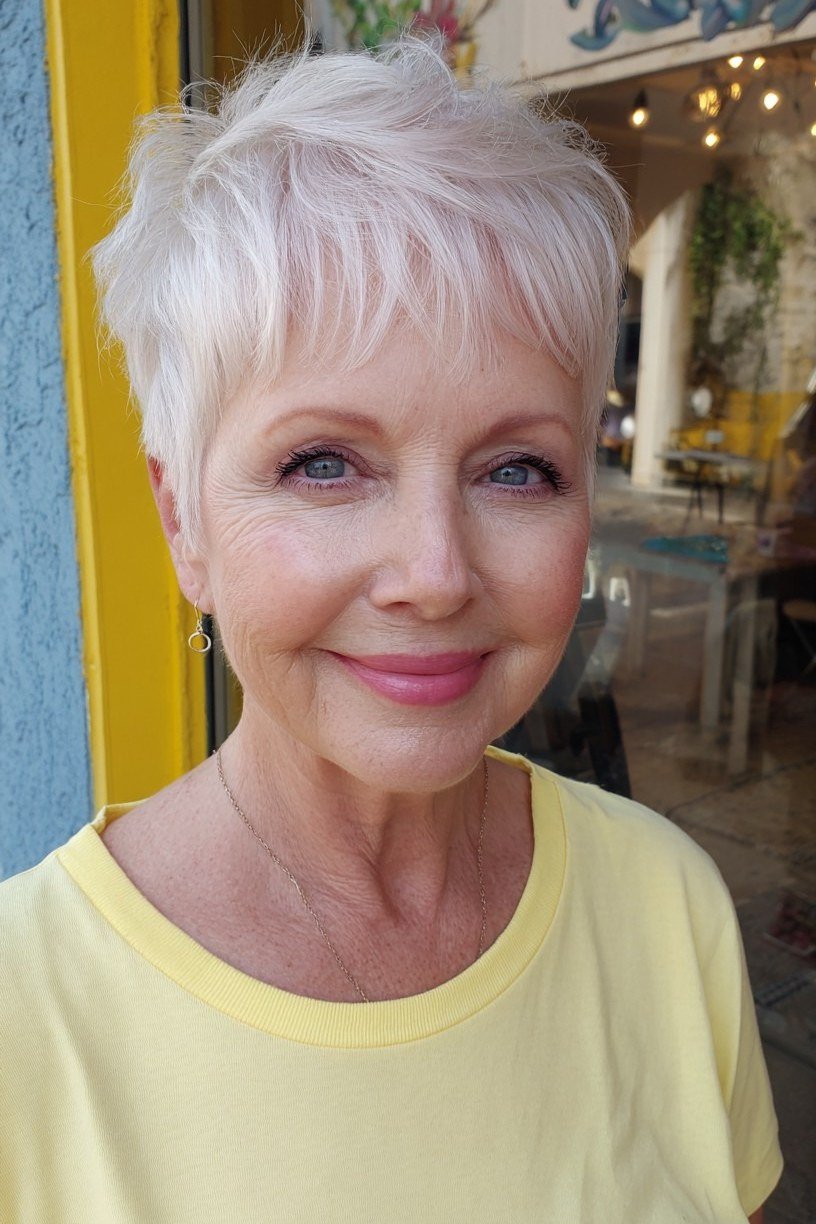 White pixie haircut with soft layers and yellow top for women over 60