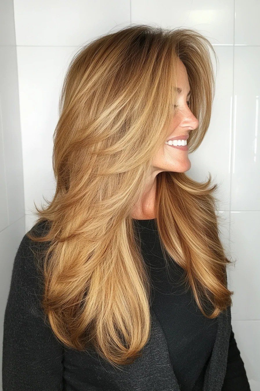 Long copper-brown layered blowout for women over 50