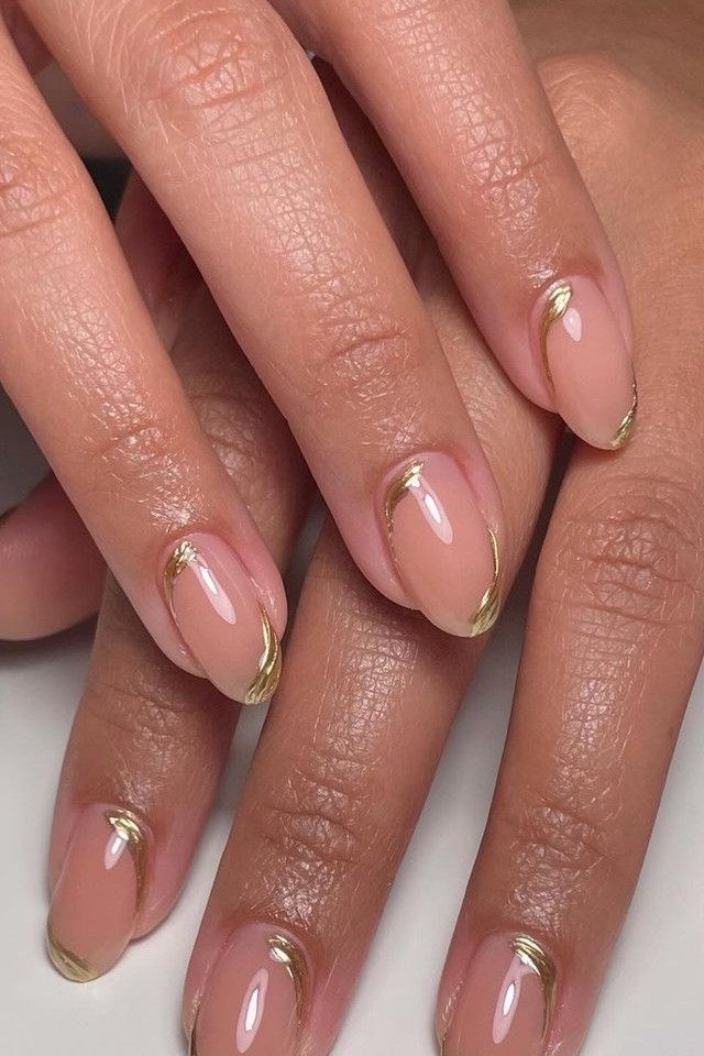Pink with Gold Micro Tips - micro french manicure with ultra-thin tip line, elegant nail design for women over 50