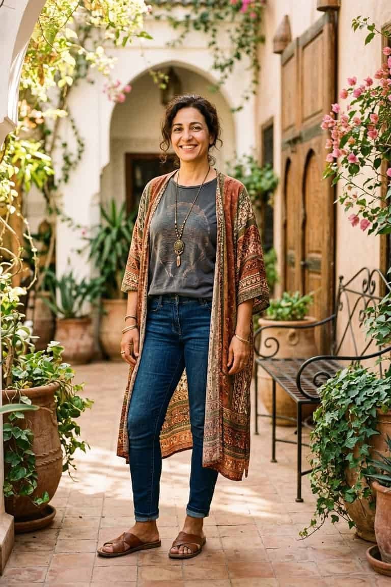 Woman over 50 wearing rust kimono with grey tee and jeans, everyday casual outfit idea