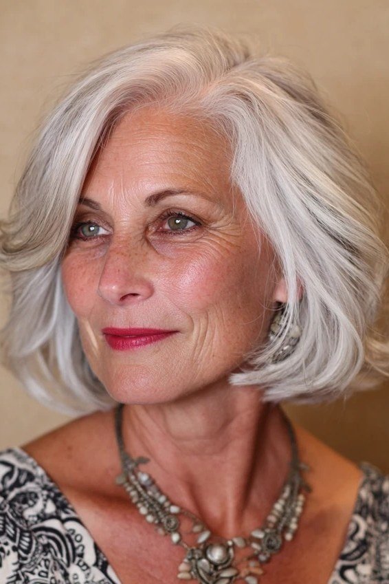 silver layered bob, front view — chin-length layered bob hairstyle for women over 50