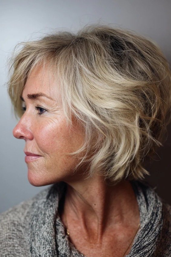 grey textured bob tucked sides side part - textured bob haircut idea for women over 60