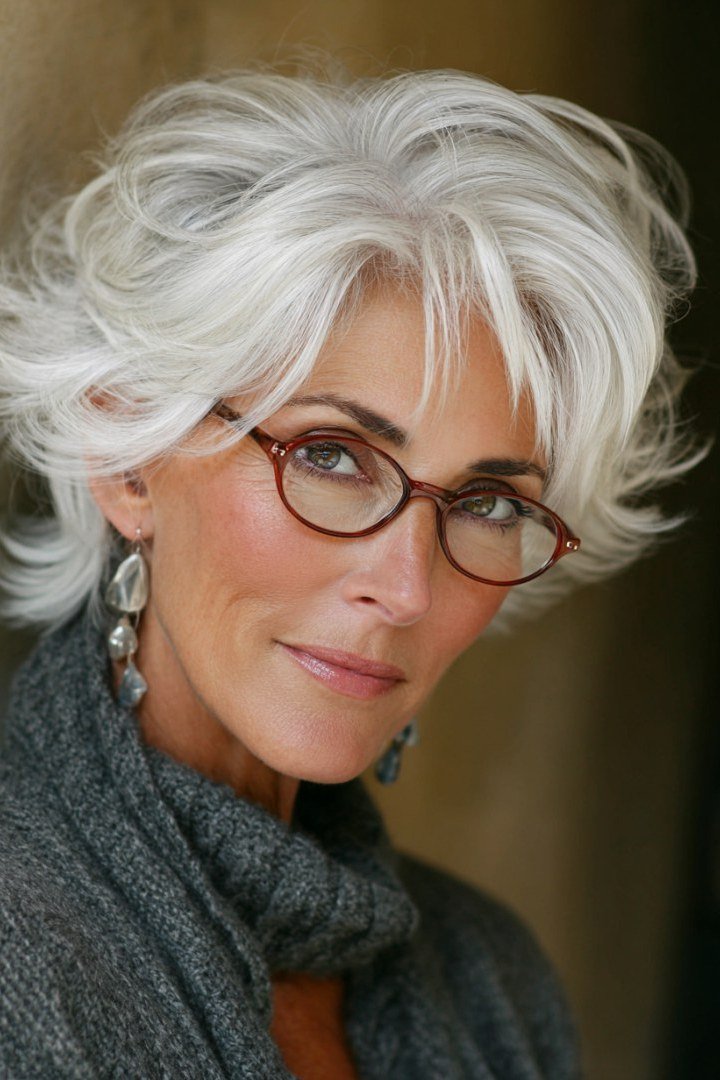 Smart White Pixie with Glasses hairstyle for women over 60
