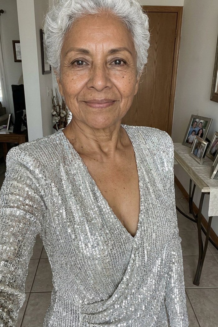 silver sequin wrap dress with deep v-neck
