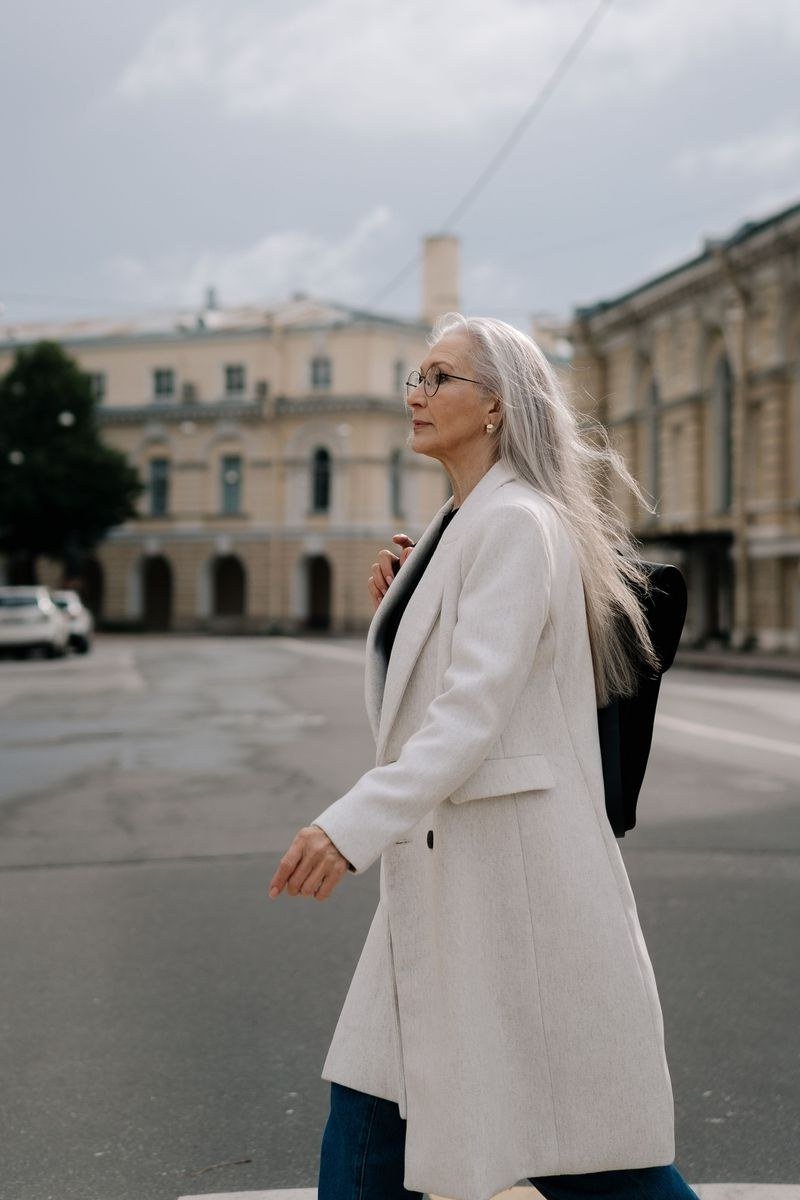 White long quilted coat outfit for women over 60