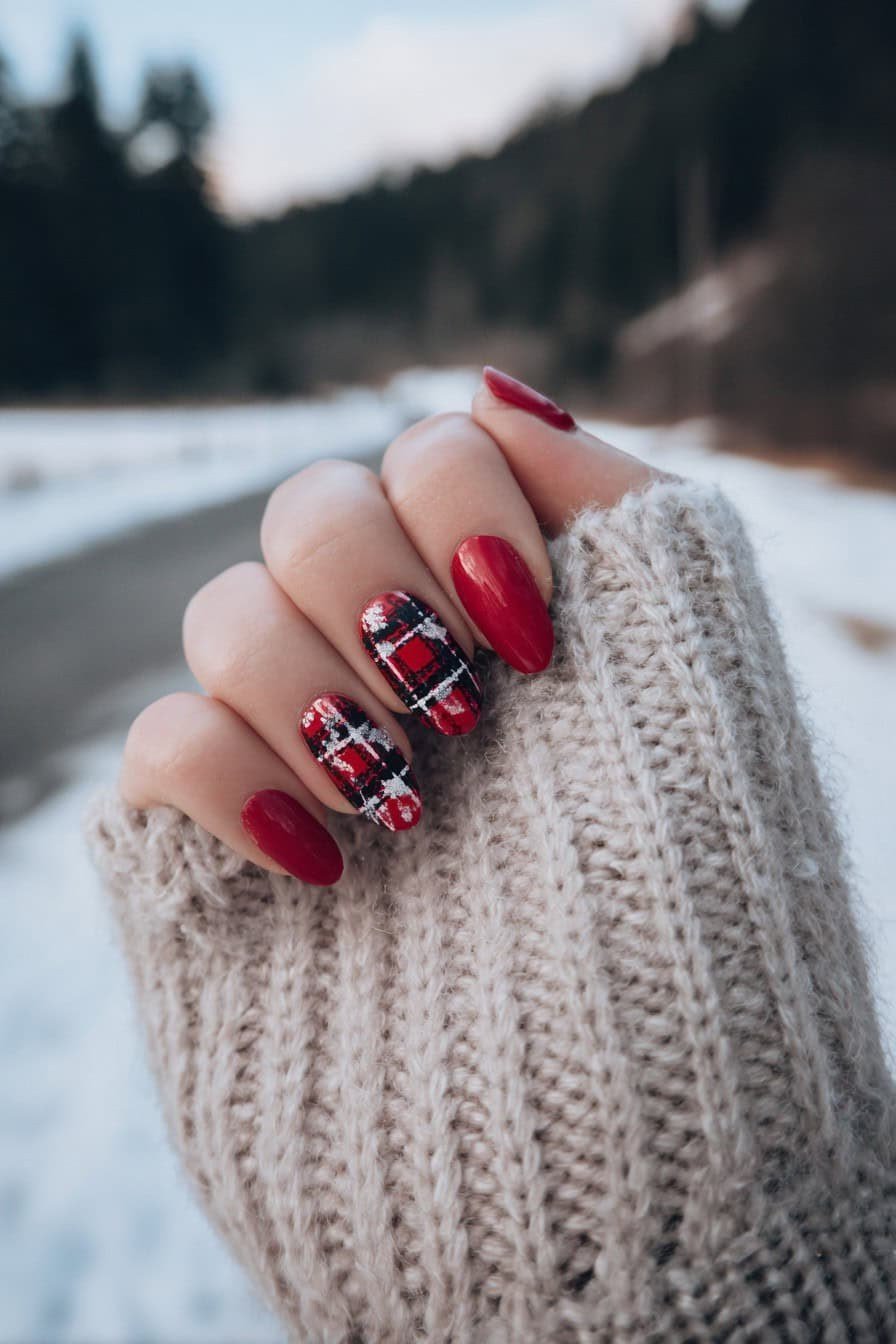 Red Plaid Nails with Snowy Background, fun winter nail idea for women over 60