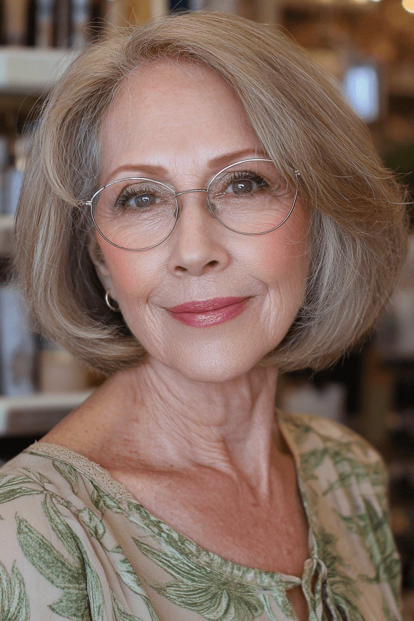 Grey bob hairstyle for women over 60 with glasses