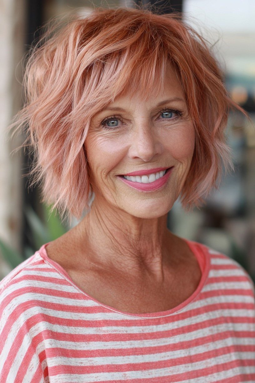 Playful Rose-Pink Wavy Bob - short wavy bob hairstyle for women over 60