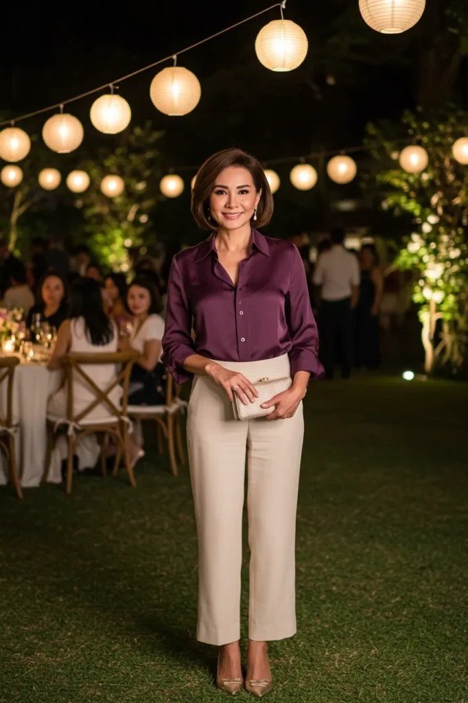 Woman in burgundy satin blouse with cream wide-leg trousers at garden party