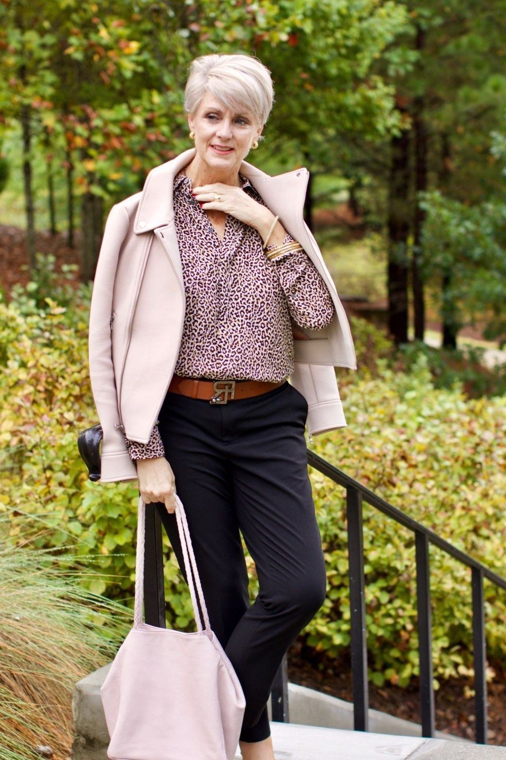 Blush Pink Blazer with Dark Trousers - fall outfit for women over 40