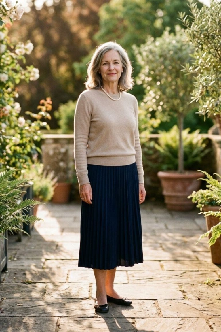 beige sweater with navy pleated skirt, timeless outfit for women over 50