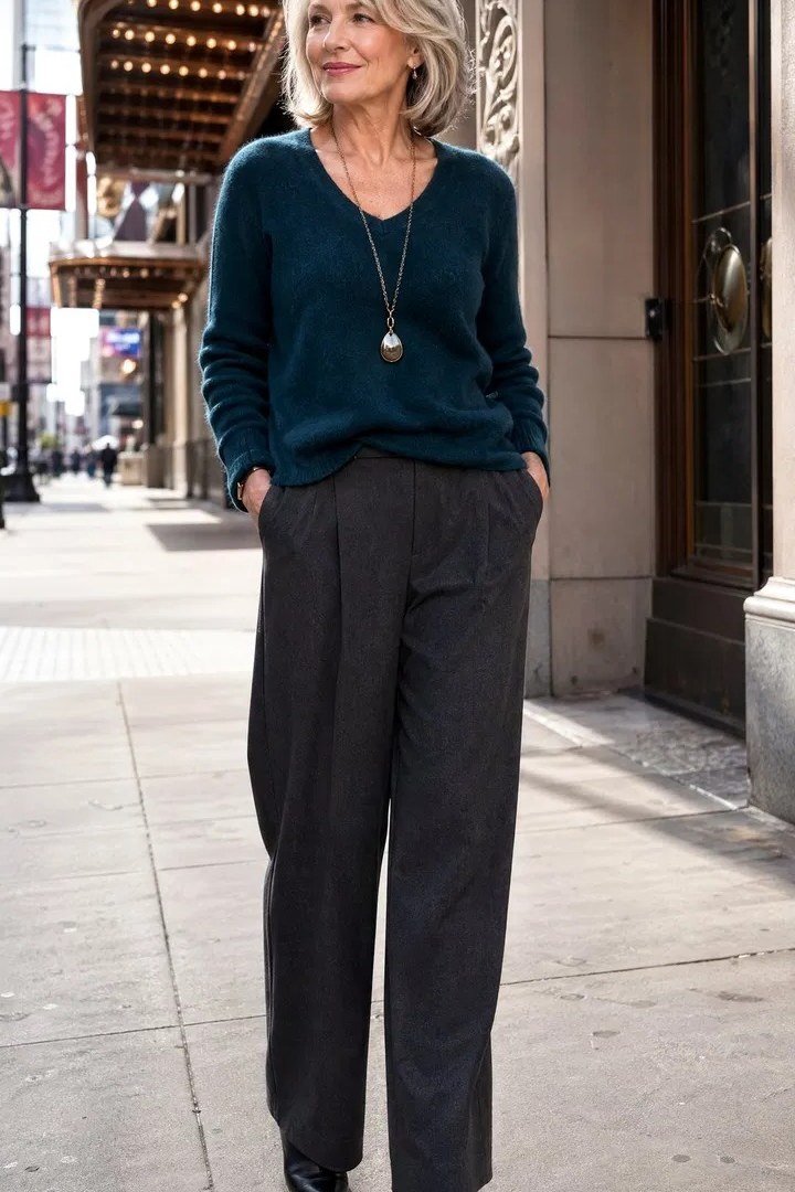 teal sweater dark trousers outfit women over 50