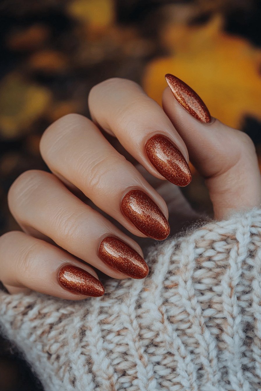 Copper shimmer almond shaped nails with knit cuff