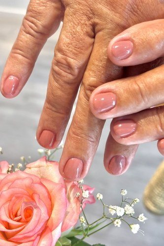 Sheer rose pink gel nails with roses