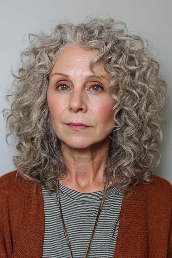 Gray curly shoulder length haircut for women over 60