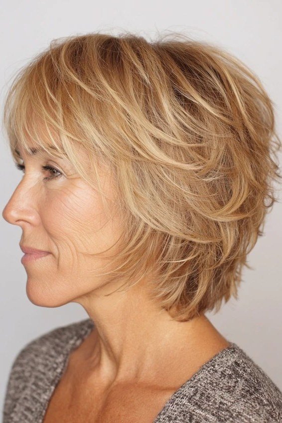 Honey blonde layered shag haircut profile for older women