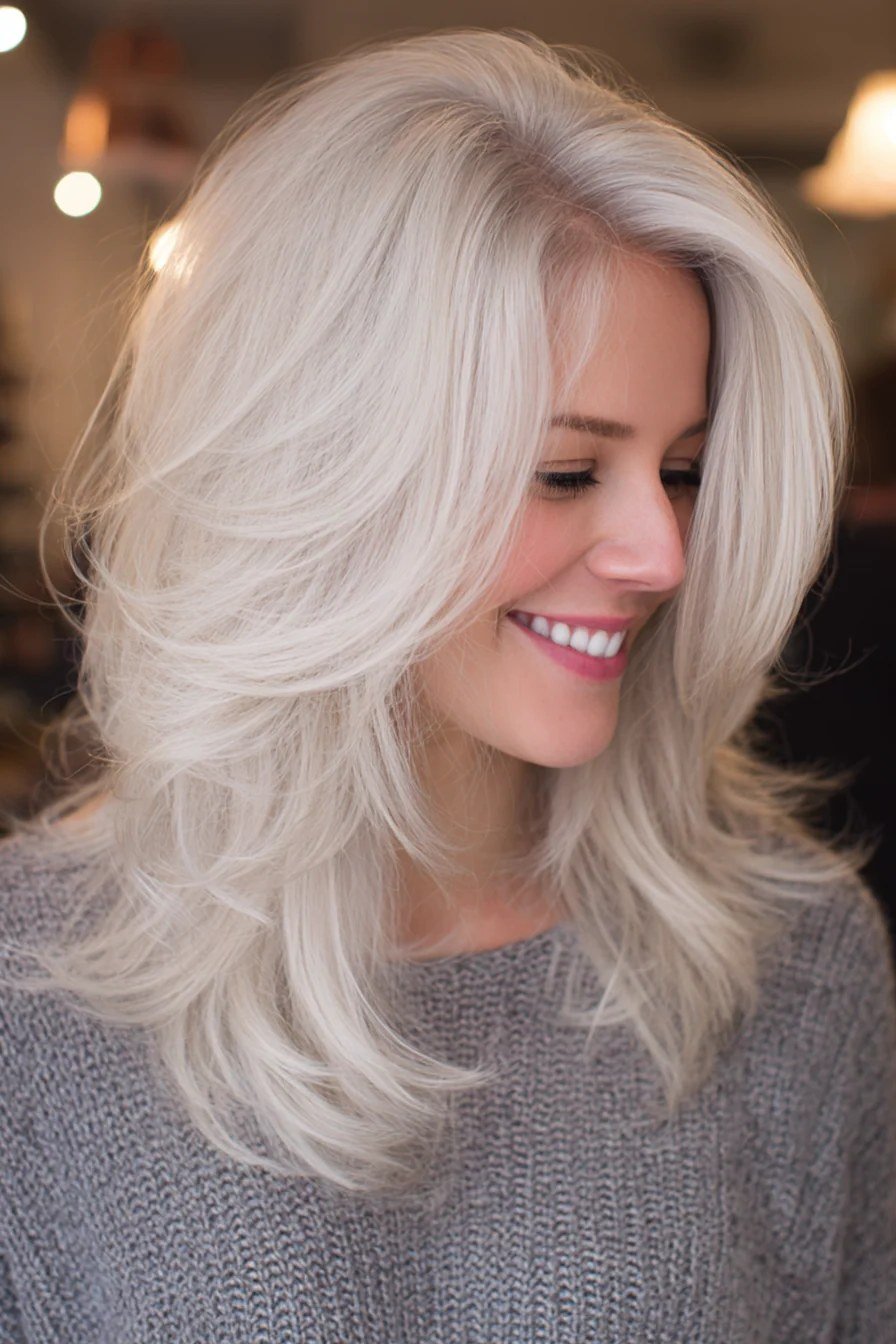 White layered medium-length hairstyle with wispy bangs, front view, for women over 50