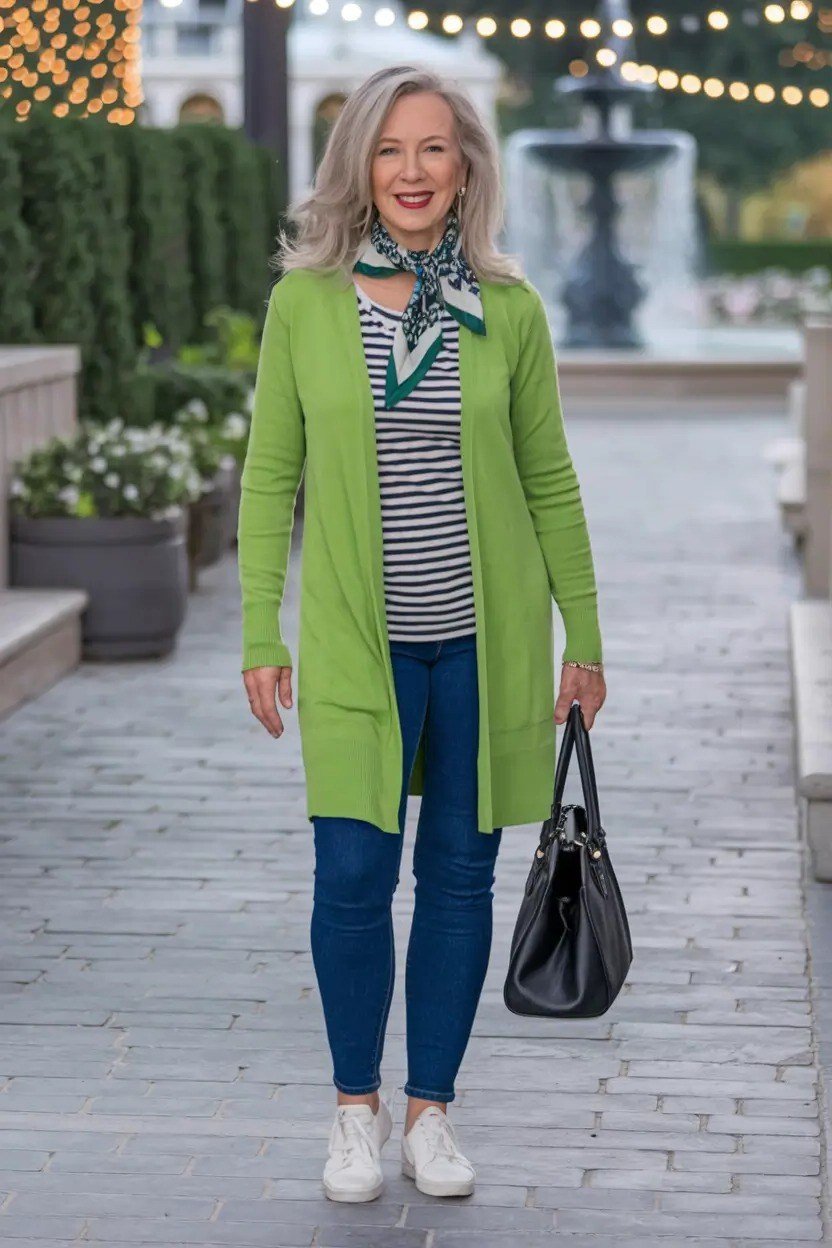 Green Cardigan over Stripes - fall outfit idea for women over 50