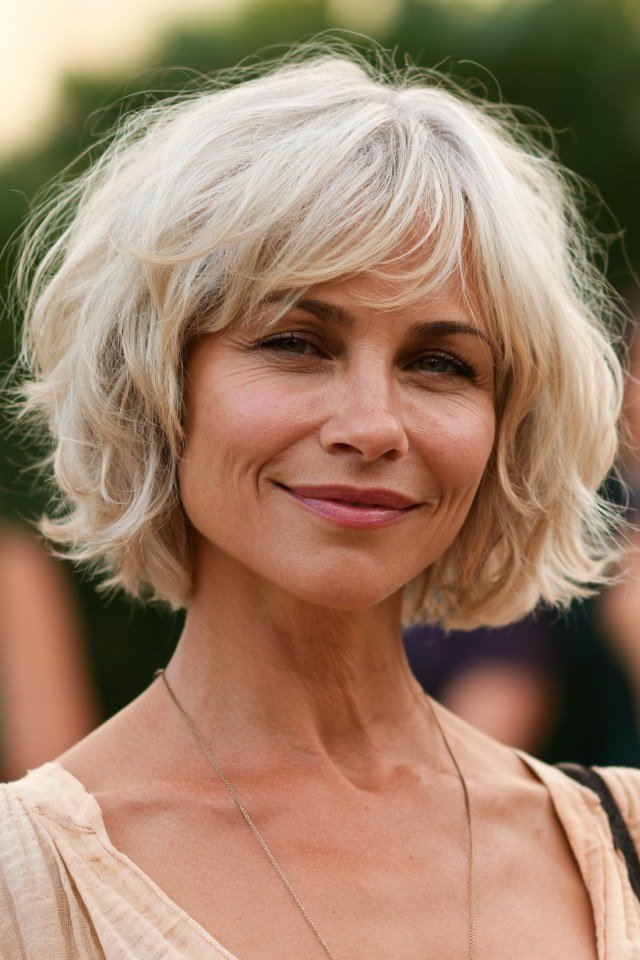 Blonde wavy medium bob, front view, smiling, classic hairstyle for women over 70