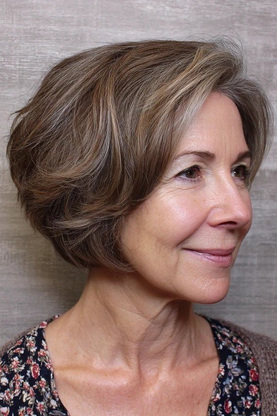 Brunette bob front 3/4 view, floral top, short layered bob hairstyle for women over 60