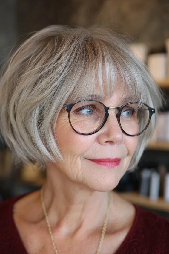 silver short cropped bob with glasses, smiling front view hairstyle for women over 70