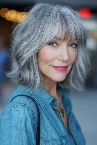 Sleek silver layered bob with full fringe, three-quarter view, sleek silver bob for women over 50