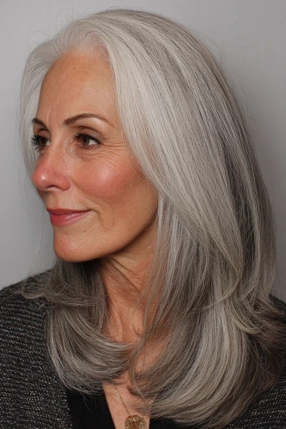 silver medium-long straight hairstyle, side view for women over 50