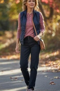 quilted vest rust henley black jeans fall outfit over 50
