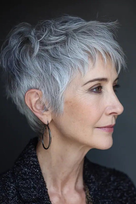 Silver feathered pixie, wispy textured crown, side view for women over 60