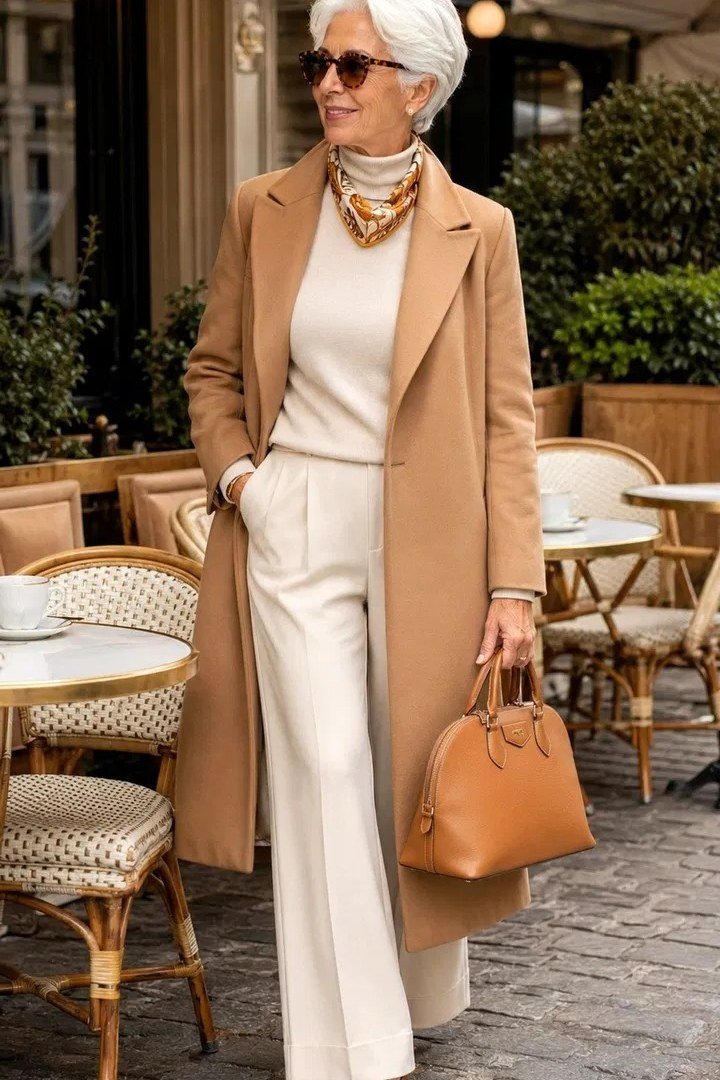 camel coat with white turtleneck and white wide trousers for women over 50