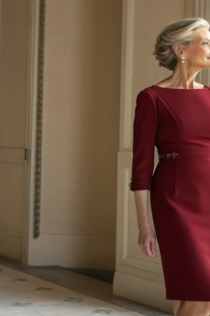 Burgundy sheath midi dress for women over 50, fall date night outfit