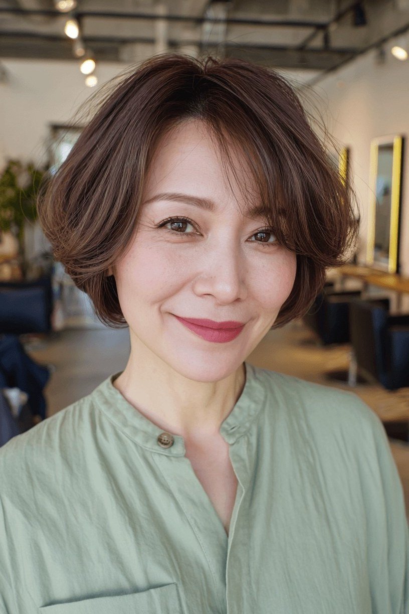 Dark brown bob, front view - wispy hairstyle for women over 40