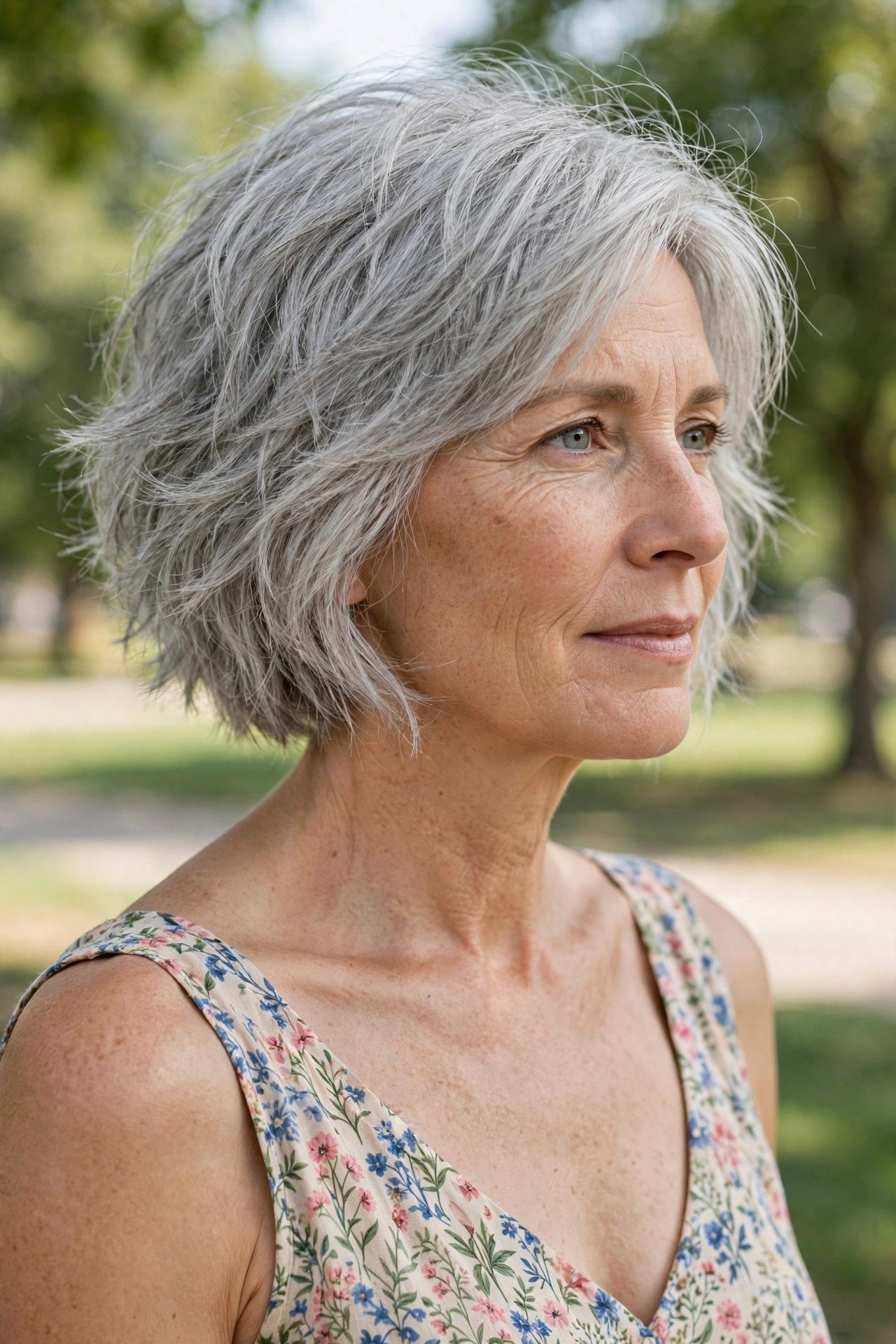 Silver gray shaggy bob for mature women