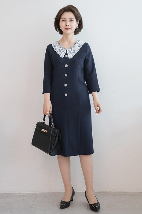 navy knit midi with white collar for women over 60