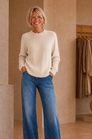 Woman over 60 wearing cream knit sweater, medium jeans, clothing store