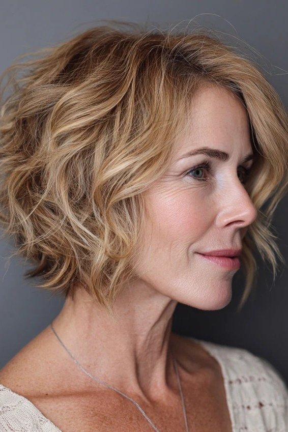 Honey-Blonde Wavy Bob - curly bob hairstyle for women over 50