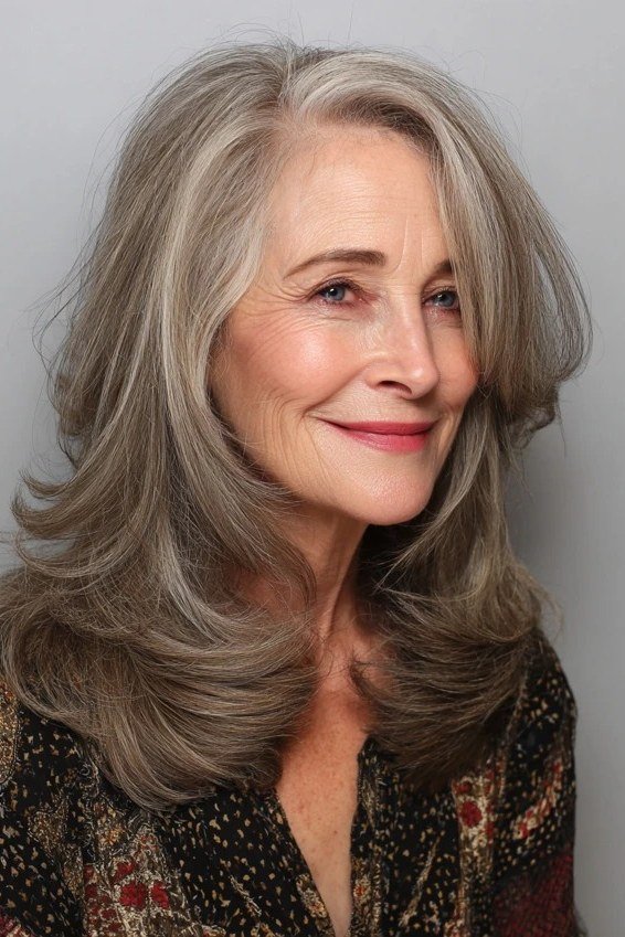 feathered silver layers, 3/4 view, medium length hairstyle for women over 60