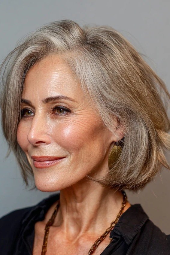 Classic gray layered bob for women over 40