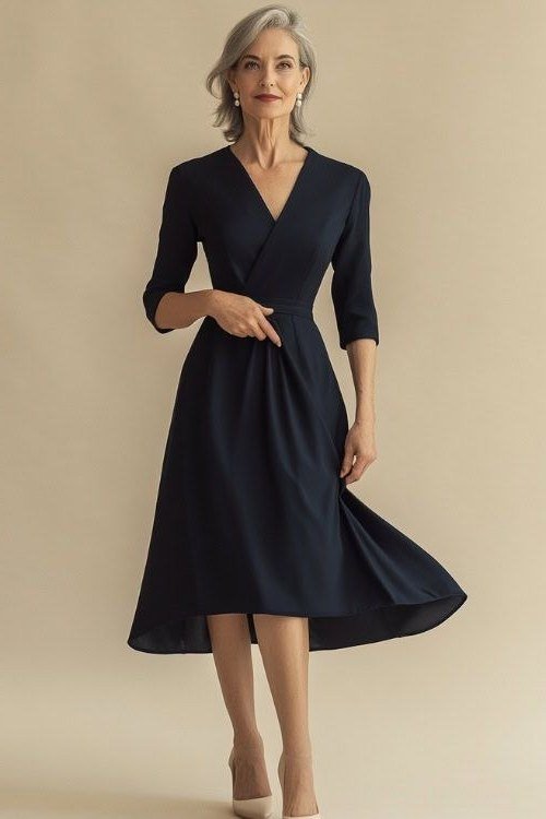 Navy Wrap Fit-and-Flare Midi Dress - evening outfit for women over 60