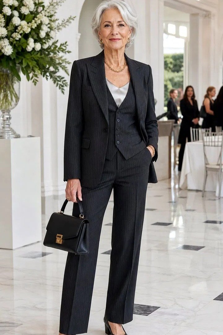 Black suit for wedding guest over 70