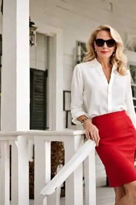 White blouse with red pencil skirt on a porch