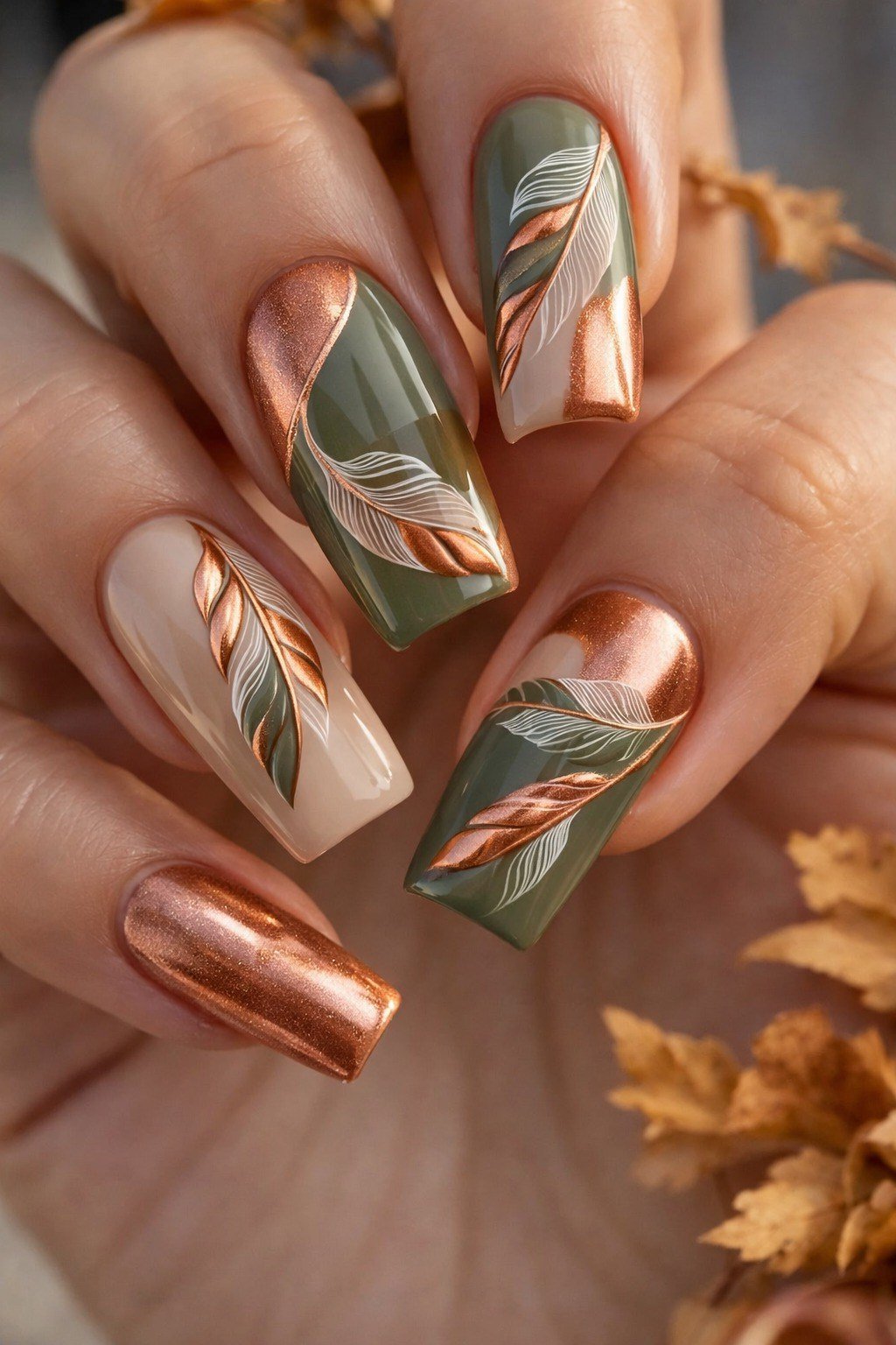 Sage green and copper leaf art long coffin, elegant fall nail design for women over 40